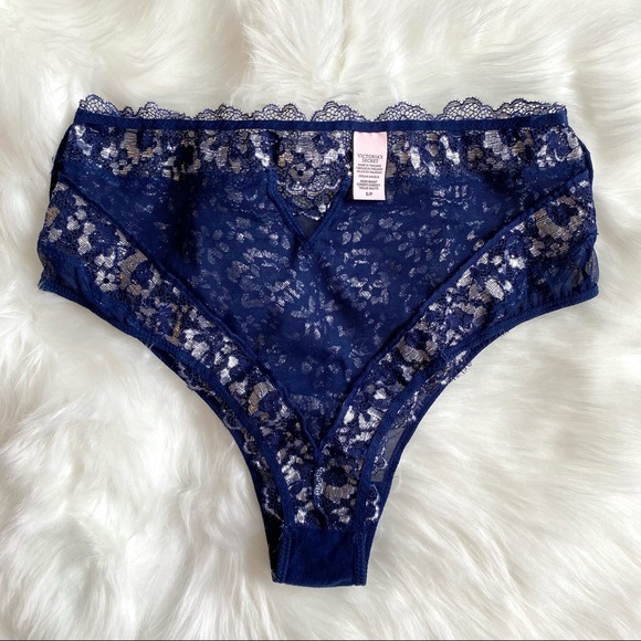 Victoria’s Secret Size S Cheeky High Waisted Navy & Silver Floral Lace Panty - Picture 6 of 7